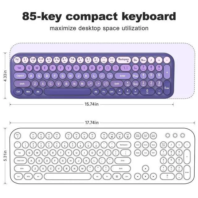 Alt view image 5 of 5 - Wireless Keyboards Mouse Combos, 2.4G USB Cordless Keyboard Mouse Set with Colorful Round Retro Keycaps, Cute Typewriter Full-Size Keyboard for PC Laptop Desktop Computer Home Office-Purple Gra