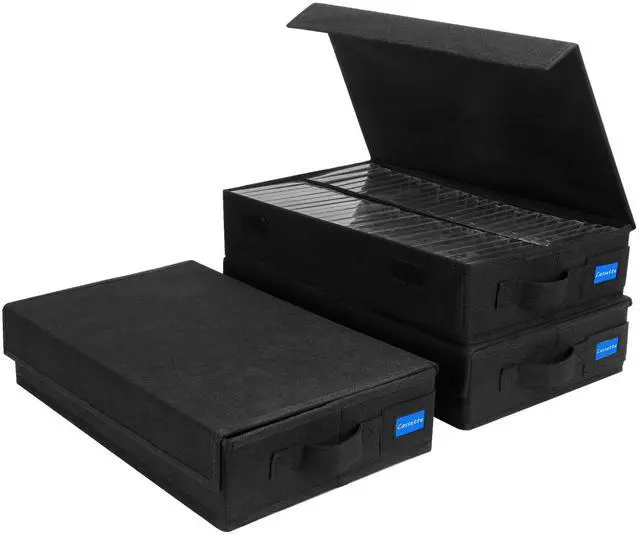 Main image of BOATISLE Cassette Tape Storage Box with Handles and Lid Cassette Tape Holder and Organizer with External Label Slots, Stackable Cassette Storage Rack, 3Pack-Black