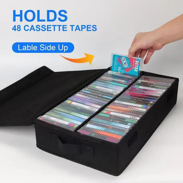 Alt view image 2 of 5 - BOATISLE Cassette Tape Storage Box with Handles and Lid Cassette Tape Holder and Organizer with External Label Slots, Stackable Cassette Storage Rack, 3Pack-Black