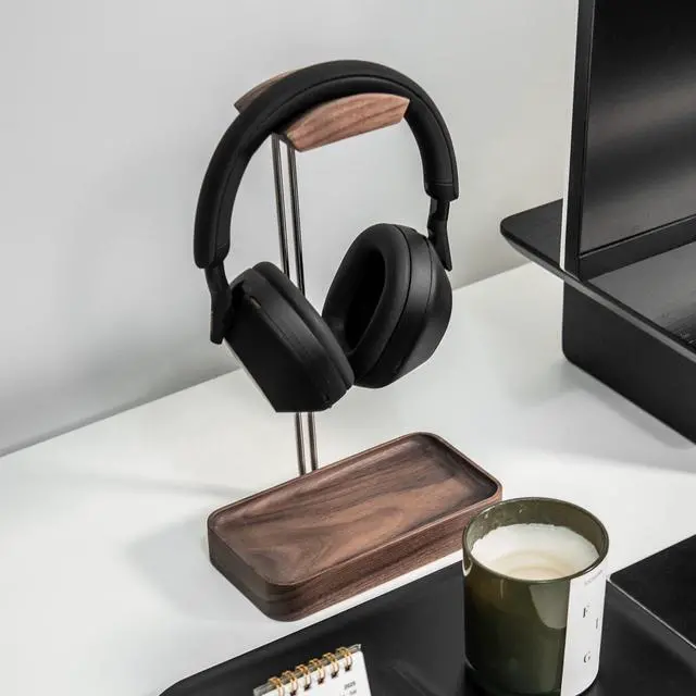 Alt view image 2 of 5 - Raico Headphone Stand with Catchall Tray Base Premium Showpiece Headset Holder with Storage Solid Wood (Walnut)