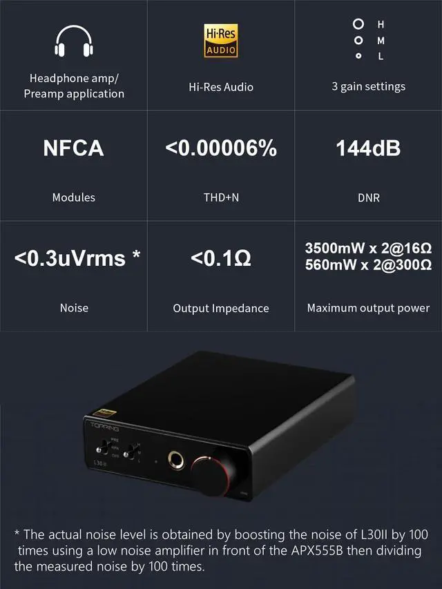 Alt view image 3 of 5 - TOPPING L30 II NFCA Headphone Amplifier, 0.3uV Ultra-Low Noise, 144dB Dynamic Range, 0.00006% THD+N, Three Gain Settings, Compatible with High/Low Impedance Headphones (L30 II - Silver)