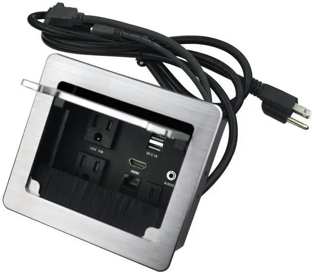 Main image of Tabletop Brush Connectivity Box with 2 AC Power + 2 USB Charger + HDMI + 1 3.5mm Audio + USB-C Data + RJ45(cat6) for Conference (Silver)