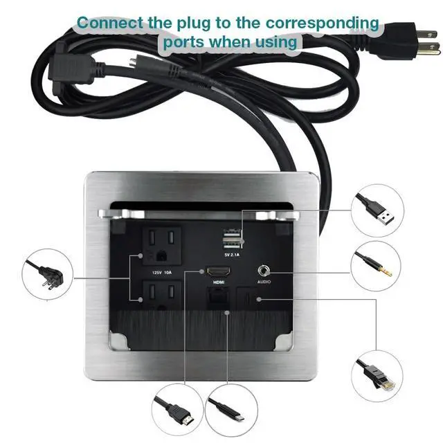 Alt view image 2 of 5 - Tabletop Brush Connectivity Box with 2 AC Power + 2 USB Charger + HDMI + 1 3.5mm Audio + USB-C Data + RJ45(cat6) for Conference (Silver)