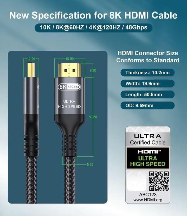 Alt view image 3 of 5 - Certified 10K 8K 4K HDMI 2.1 Cable 25FT, 48Gbps Ultra High Speed HDMI Cord