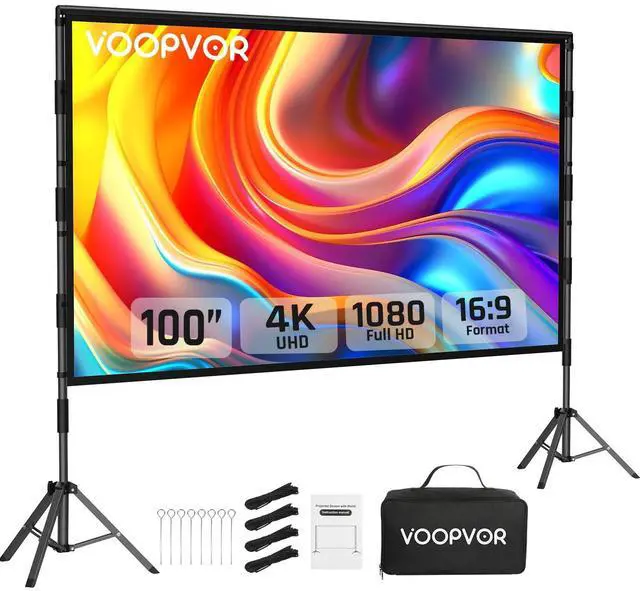 Main image of Outdoor Projector Screen and Stand: VOOPVOR 100 inch Portable Projector Screen Indoor - Upgraded Movie Screen 16:9 4K HD - Wrinkle-Free Lightweight Projection Screen with Carry Bag for Backyard Night