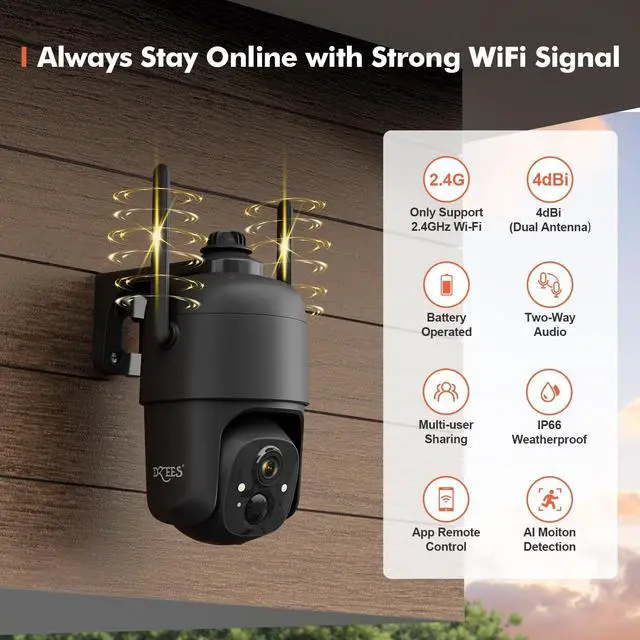 Alt view image 2 of 5 - Dzees 360 PTZ WiFi Security Cameras Wireless Outdoor, 2K Battery Powered Home Security Camera Indoor, Spotlight & Siren, Color Night Vision, 2-Way Talk, AI Motion Detection, IP66, Cloud Stroage