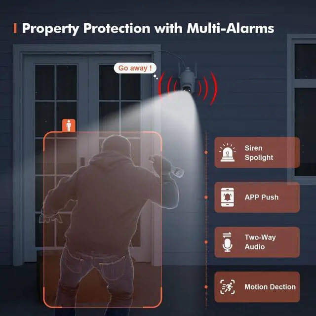 Alt view image 3 of 5 - Dzees 360 PTZ WiFi Security Cameras Wireless Outdoor, 2K Battery Powered Home Security Camera Indoor, Spotlight & Siren, Color Night Vision, 2-Way Talk, AI Motion Detection, IP66, Cloud Stroage