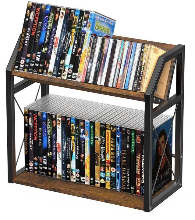 Main image of PAPAGIFTREE 2-Tier CD & DVD Storage Shelf for Display, Tilting CD Organizer Stand, Wooden Metal Holder Rack Store Up to 40 Jewel Cases & 28 DVD Cases Per Tier for Home Countertop Storage Tower