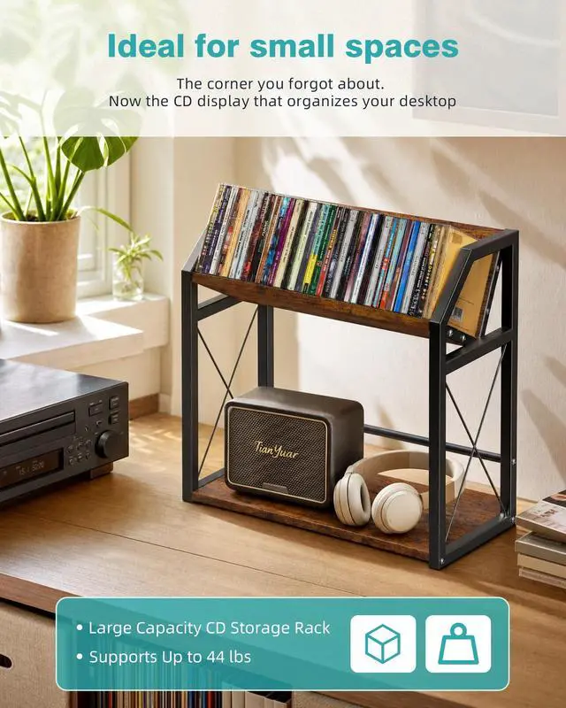 Alt view image 3 of 5 - PAPAGIFTREE 2-Tier CD & DVD Storage Shelf for Display, Tilting CD Organizer Stand, Wooden Metal Holder Rack Store Up to 40 Jewel Cases & 28 DVD Cases Per Tier for Home Countertop Storage Tower