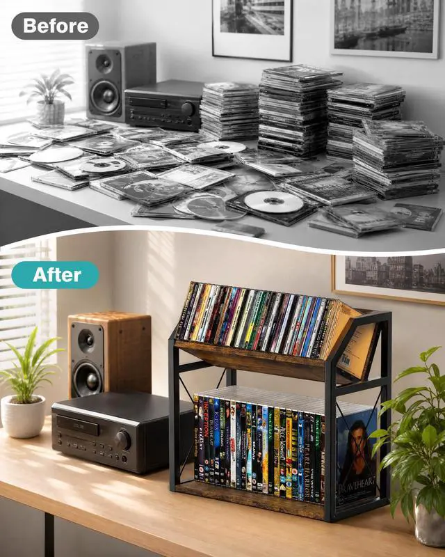 Alt view image 4 of 5 - PAPAGIFTREE 2-Tier CD & DVD Storage Shelf for Display, Tilting CD Organizer Stand, Wooden Metal Holder Rack Store Up to 40 Jewel Cases & 28 DVD Cases Per Tier for Home Countertop Storage Tower
