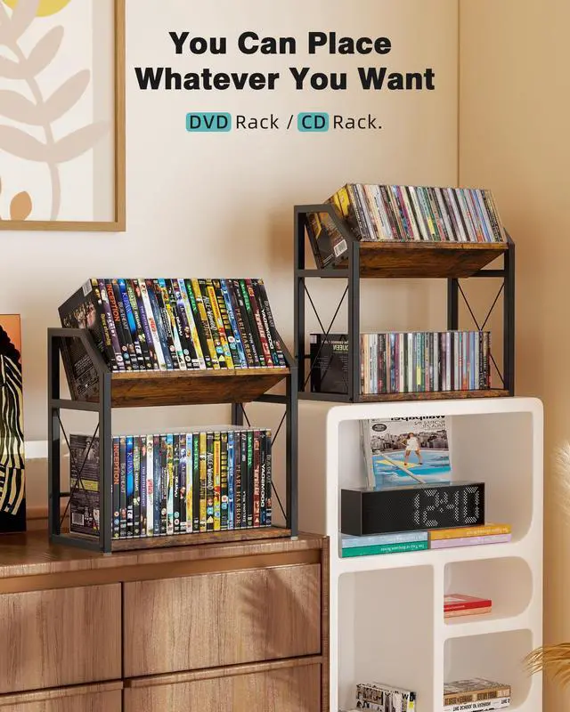 Alt view image 5 of 5 - PAPAGIFTREE 2-Tier CD & DVD Storage Shelf for Display, Tilting CD Organizer Stand, Wooden Metal Holder Rack Store Up to 40 Jewel Cases & 28 DVD Cases Per Tier for Home Countertop Storage Tower