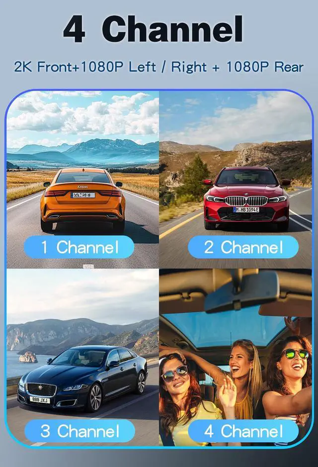 Alt view image 3 of 5 - 4 Channel Full HD Dash Cam, 2K Front + 1080P Side/Rear Cameras, 3-Inch LCD Screen, Support 256GB Max,WiFi/APP Control, G-Sensor, Parking Monitor,Night Vision (Ebony)