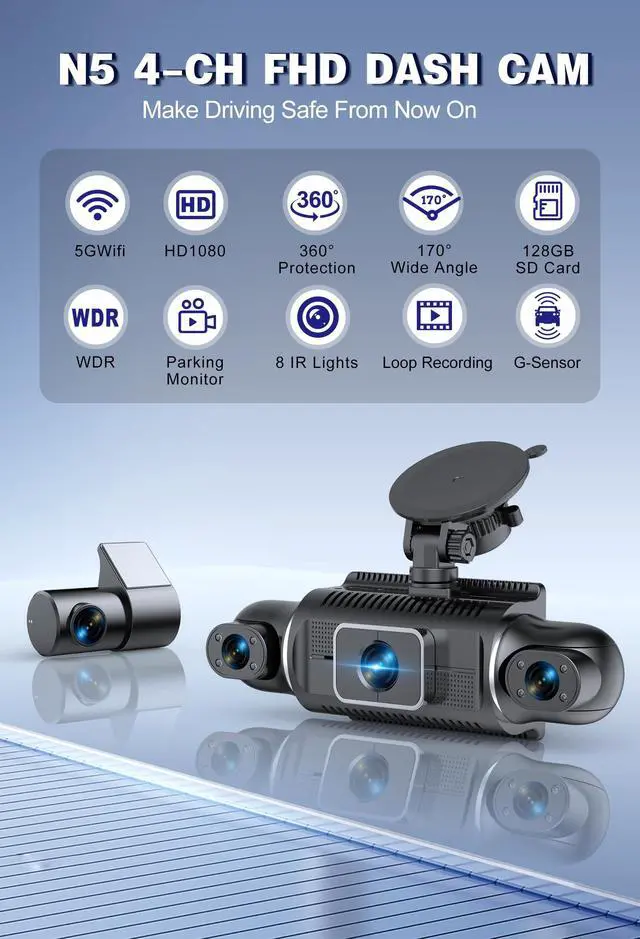 Alt view image 2 of 5 - 4 Channel Full HD Dash Cam, 2K Front + 1080P Side/Rear Cameras, 3-Inch LCD Screen, Support 256GB Max,WiFi/APP Control, G-Sensor, Parking Monitor,Night Vision (Ebony)