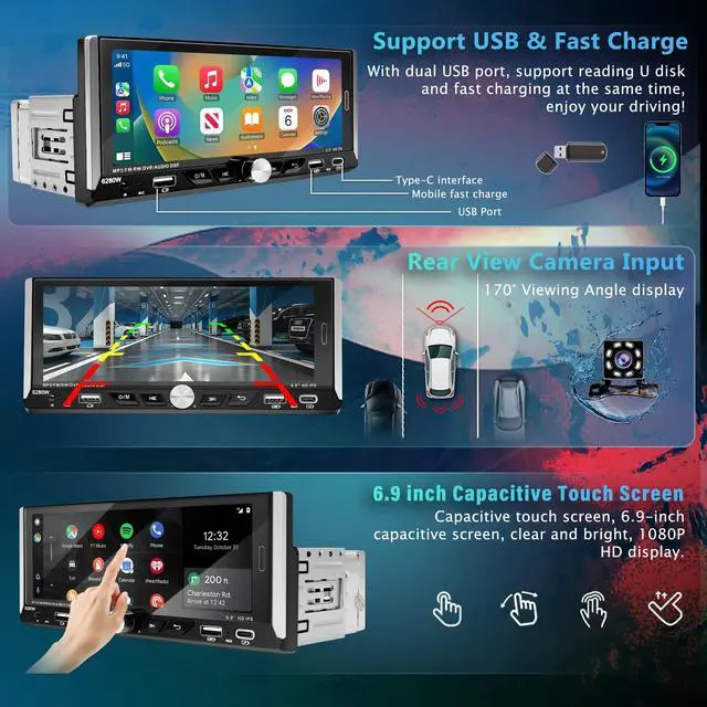 Alt view image 3 of 5 - 6.9 Inch Touchscreen Single Din Wireless Carplay Car Stereo Android Auto Car Radio with Bluetooth,Head Unit Player Supports Mirror Link,FM RDS Radio,MIC,Backup Camera,USB/AUX/Type-C Charging