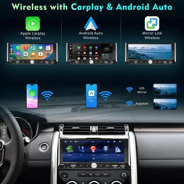 Alt view image 2 of 5 - 6.9 Inch Touchscreen Single Din Wireless Carplay Car Stereo Android Auto Car Radio with Bluetooth,Head Unit Player Supports Mirror Link,FM RDS Radio,MIC,Backup Camera,USB/AUX/Type-C Charging