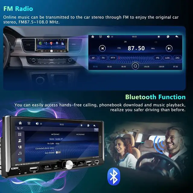 Alt view image 4 of 5 - 6.9 Inch Touchscreen Single Din Wireless Carplay Car Stereo Android Auto Car Radio with Bluetooth,Head Unit Player Supports Mirror Link,FM RDS Radio,MIC,Backup Camera,USB/AUX/Type-C Charging