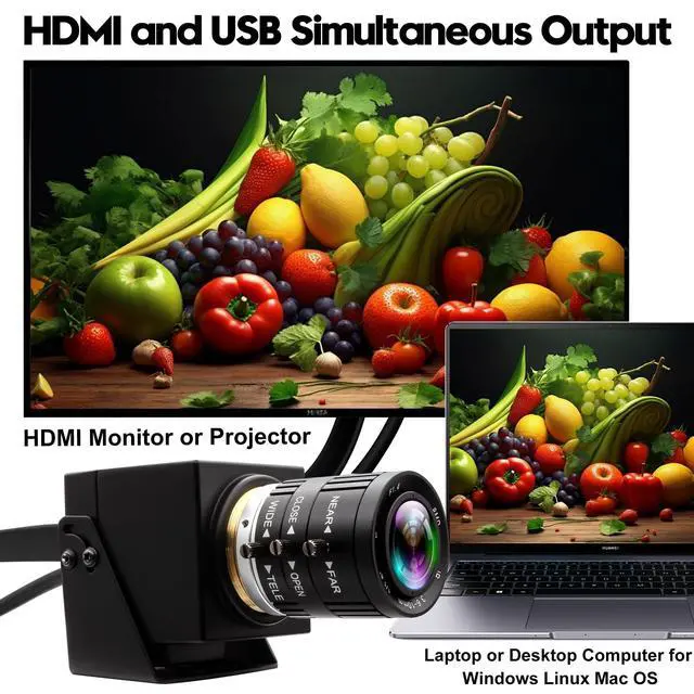 Alt view image 4 of 5 - IFWATER 4K 60fps High Speed Camera USB3.0 & HDMI Dual Simultaneous Output 3X Manual CS-Mount Varifocal Lens with 2X Digital Zoom H.264 Security Camera for Computers TVs Projectors Video Conferences