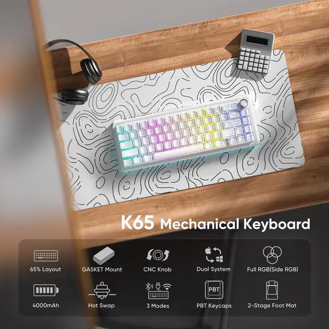 Alt view image 2 of 5 - RedThunder K65 Wireless Mechanical Keyboard, CNC Knob, Tri-Mode BT5.0/2.4GHz/USB-C Hot Swappable Custom, Pre-lubed Linear Coconut Switches, Gasket Structure, RGB Gaming Keyboard, White Contour