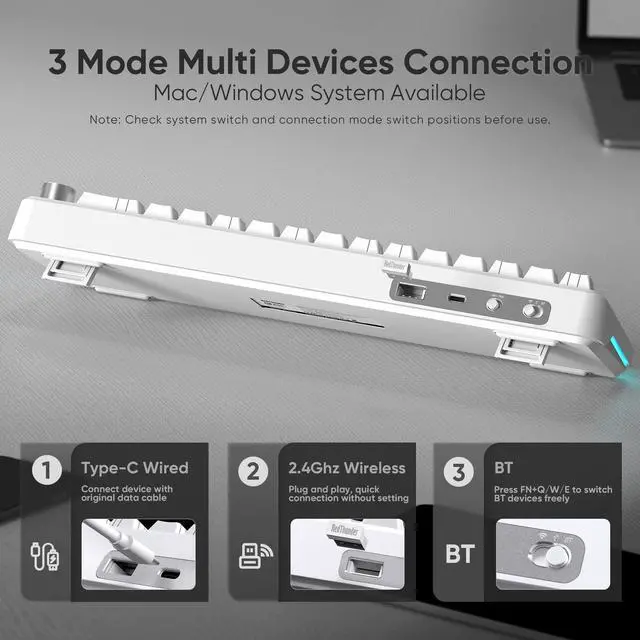 Alt view image 4 of 5 - RedThunder K65 Wireless Mechanical Keyboard, CNC Knob, Tri-Mode BT5.0/2.4GHz/USB-C Hot Swappable Custom, Pre-lubed Linear Coconut Switches, Gasket Structure, RGB Gaming Keyboard, White Contour