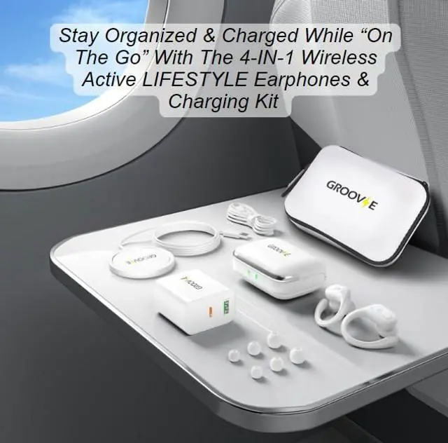Alt view image 2 of 5 - Groove Wireless Bluetooth Earbuds Over Ear Electronics ^^ 4-in-1 Kit ^^ Includes (2) Ear Buds (1) Rechargeable Case with Cable (1) Wireless Charging Pad for Mobile Phone (1) Travel Bag ^