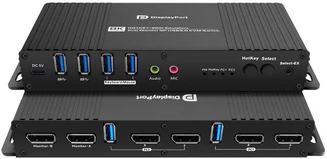 Main image of Kvm Switch DisplayPort 2 Monitors 2 Computers EDID 4K 144Hz Hotkey Switching kvm Switches Dual Monitor displayport edid 1440P 144Hz 165Hz 240hz Hotkey Switching