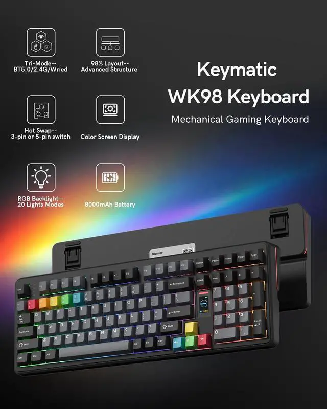 Alt view image 2 of 5 - Keymatic Mechanical Keyboard Wireless,98% Pink Creamy Keyboard Gaming Keyboard,3 Mode with Multimedia Screen,RGB Backlit,Black