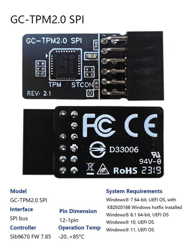 Alt view image 3 of 3 - Yeiwenl TPM-SPI Module with 12-1Pin, TPM 2.0 Encryption Security Module for Gigabyte Motherboard