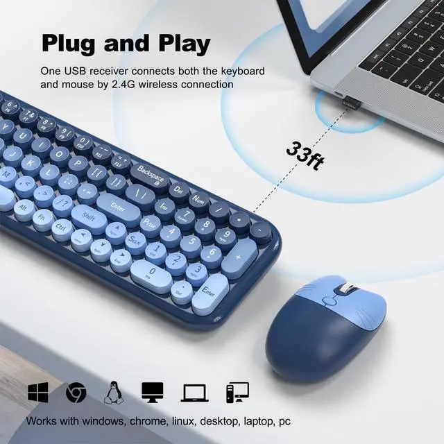 Alt view image 2 of 5 - Wireless Keyboard and Mouse Combo, Typewriter Keyboard with Compact Size, Cute Cat Shaped Mouse, USB Plug and Play for Windows, Computer, PC, Laptop, Desktop (Blue Gradient)