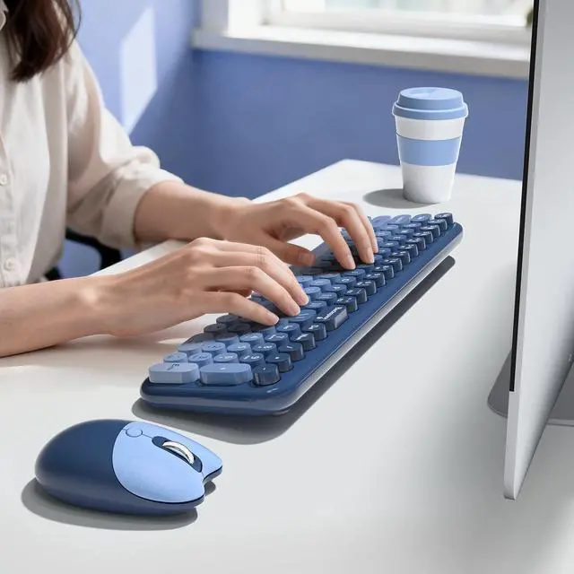 Alt view image 4 of 5 - Wireless Keyboard and Mouse Combo, Typewriter Keyboard with Compact Size, Cute Cat Shaped Mouse, USB Plug and Play for Windows, Computer, PC, Laptop, Desktop (Blue Gradient)