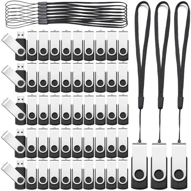 Main image of Aoriher 50 Pack USB 2.0 Flash Drives Bulk, Portable USB Thumb Drives with Lanyards, Swivel Flash Drives Thumb Drives for Office School Data Storage(Black,4gb)
