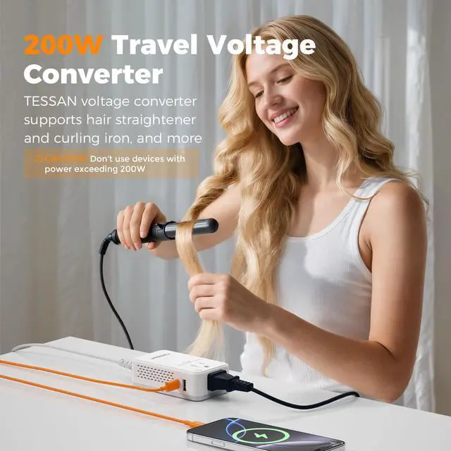 Alt view image 3 of 5 - TESSAN Compact 220V to 110V Voltage Converter US to Europe, Universal Travel Adapter with 2 AC Outlets and 2 USB (1 USB-C), 200W Small Power Converter with EU/UK/AU/IT/India Plugs for Travel