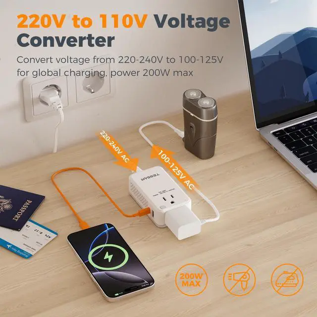 Alt view image 4 of 5 - TESSAN Compact 220V to 110V Voltage Converter US to Europe, Universal Travel Adapter with 2 AC Outlets and 2 USB (1 USB-C), 200W Small Power Converter with EU/UK/AU/IT/India Plugs for Travel