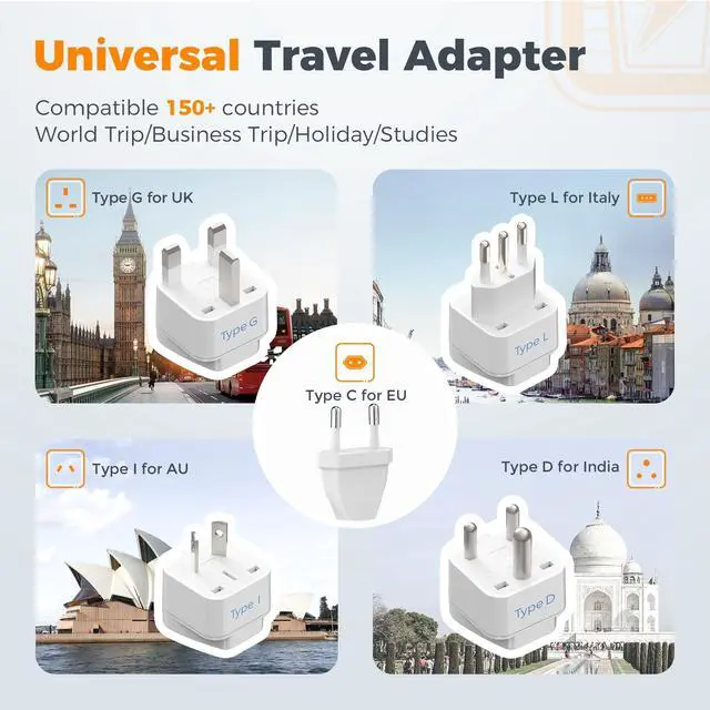 Alt view image 5 of 5 - TESSAN Compact 220V to 110V Voltage Converter US to Europe, Universal Travel Adapter with 2 AC Outlets and 2 USB (1 USB-C), 200W Small Power Converter with EU/UK/AU/IT/India Plugs for Travel