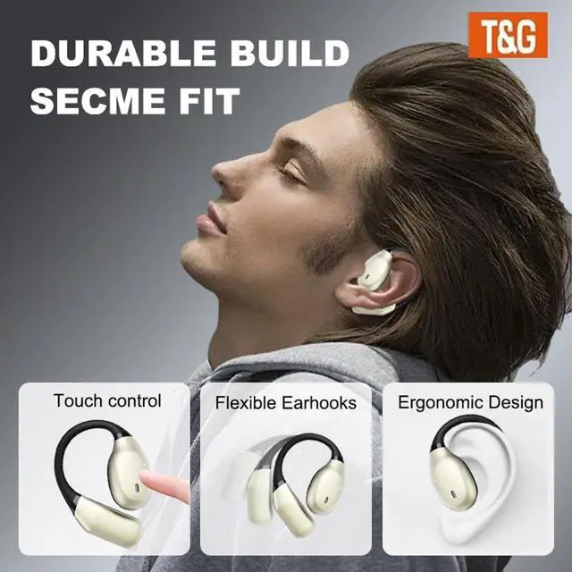 Alt view image 2 of 5 - T&G Wireless Earbuds, Bluetooth 5.3 Headphones with 90H Playtime, Sports Earhooks Ear Buds with Deep Bass, Waterproof Over Ear Bluetooth Earphones for Workout, Running, Gym, Travel (Black)