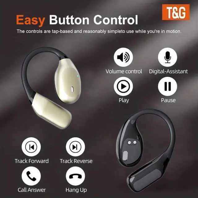 Alt view image 5 of 5 - T&G Wireless Earbuds, Bluetooth 5.3 Headphones with 90H Playtime, Sports Earhooks Ear Buds with Deep Bass, Waterproof Over Ear Bluetooth Earphones for Workout, Running, Gym, Travel (Black)