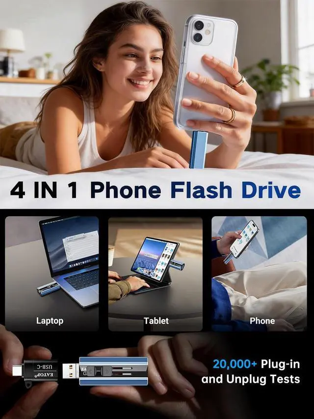 Alt view image 2 of 5 - EATOP 256GB Flash Drive Intended for iPhone iPad, USB Photo Stick for Photo & Video Backup, External Phone Memory Storage, No App Required, Compatible with iOS, Android & PC, Blue