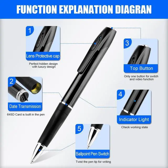 Alt view image 3 of 5 - KQoolShuai Mini Spy Camera Pen 1080P Full HD Video Recorder with 64GB Card, USB Charging, Security Surveillance Camera