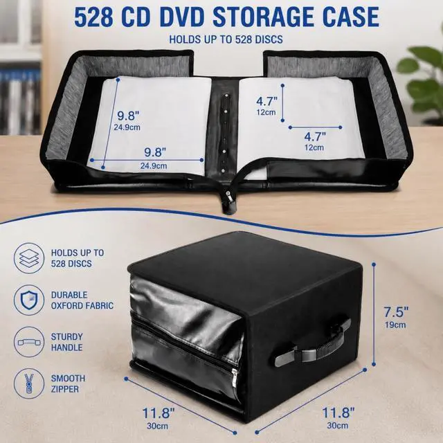 Alt view image 2 of 5 - Acshio CD DVD Case Holder, 528 Capacity CD Binder DVD Storage Holder with Zipper, Portable Large Card Media Wallet Storage Booklet Album Box for Home Office Travel Car