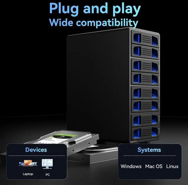 Alt view image 5 of 5 - CENMATE Aluminum 8 Bay 10Gbps Hard Drive Enclosure with Cooling Fan for 2.5/3.5" SATA HDD/SSD with USB A/C 3.2 Gen 2, Support Hot Swappable, Tool-Free HDD Enclosure, DAS(NO RAID/NAS)