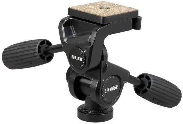 Main image of SLIK SH-806E Heavy Duty Studio 3-Way Pan Head (618-806) Independent 3-Axis Control, Supports 15lbs, Quick Release Plate, Soft Ergonmic Handles, Compatible with Most Tripods