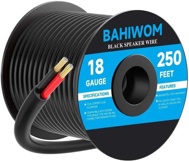 Main image of BAHIWOM 18 Gauge Speaker Wire 250 Feet CL3 Related CCA Black Cable with 2 Conductors for Outdoor Direct Burial Backyard Garden Home Car in-Wall Speaker