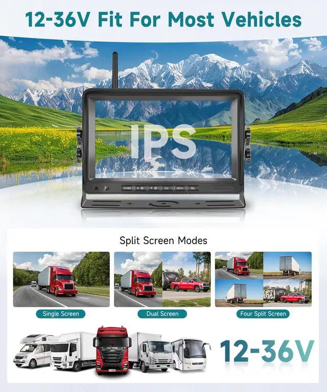 Alt view image 3 of 5 - RV Wireless Backup Camera, 7" IPS Monitor +AHD Rear View Camera,Support Up to 4 Cameras DVR Image Flip, Wireless Back Up Camera 12V-36V for Truck/Trailer/RV/Camper/Excavator/Caravan