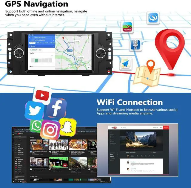 Alt view image 4 of 5 - 2G+64G Car Stereo Radio for Dodge Ram 1500 2500 3500 Durango Charger Jeep Grand Cherokee Compass Chrysler 300 with Wireless CarPlay Android Auto Android Touch Screen Radio with GPS Bluetooth Wi