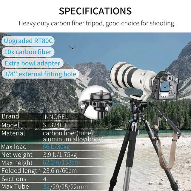 Alt view image 2 of 5 - INNOREL ST324CT/ST324CF Carbon Fiber Tripod - Max Height 160cm, Max Load 30kg, 32mm Tube Dia - Professional Birdwatching, Heavy Duty Camera Stand (Rotate Lock)
