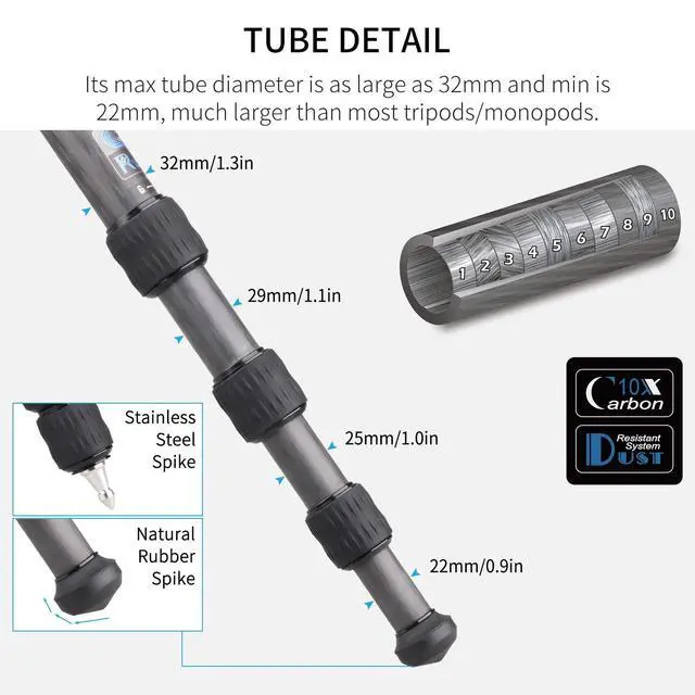 Alt view image 5 of 5 - INNOREL ST324CT/ST324CF Carbon Fiber Tripod - Max Height 160cm, Max Load 30kg, 32mm Tube Dia - Professional Birdwatching, Heavy Duty Camera Stand (Rotate Lock)