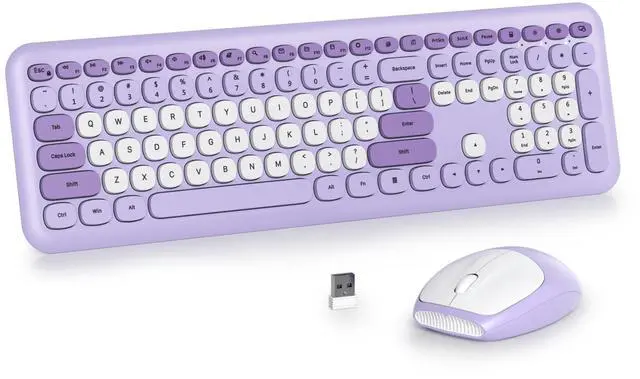 Main image of SbocKeeb Wireless Typewriter Keyboard and Mouse Combo Retro 104 Key Full Size Office Set Purple with Silent Round Keycaps, Ideal for Laptop and Desktop PCs, Cute Design Keyboard (Purple White)