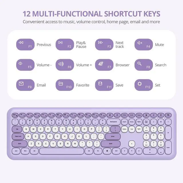 Alt view image 2 of 5 - SbocKeeb Wireless Typewriter Keyboard and Mouse Combo Retro 104 Key Full Size Office Set Purple with Silent Round Keycaps, Ideal for Laptop and Desktop PCs, Cute Design Keyboard (Purple White)