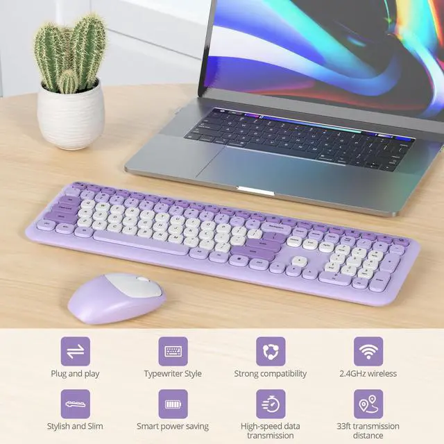Alt view image 3 of 5 - SbocKeeb Wireless Typewriter Keyboard and Mouse Combo Retro 104 Key Full Size Office Set Purple with Silent Round Keycaps, Ideal for Laptop and Desktop PCs, Cute Design Keyboard (Purple White)