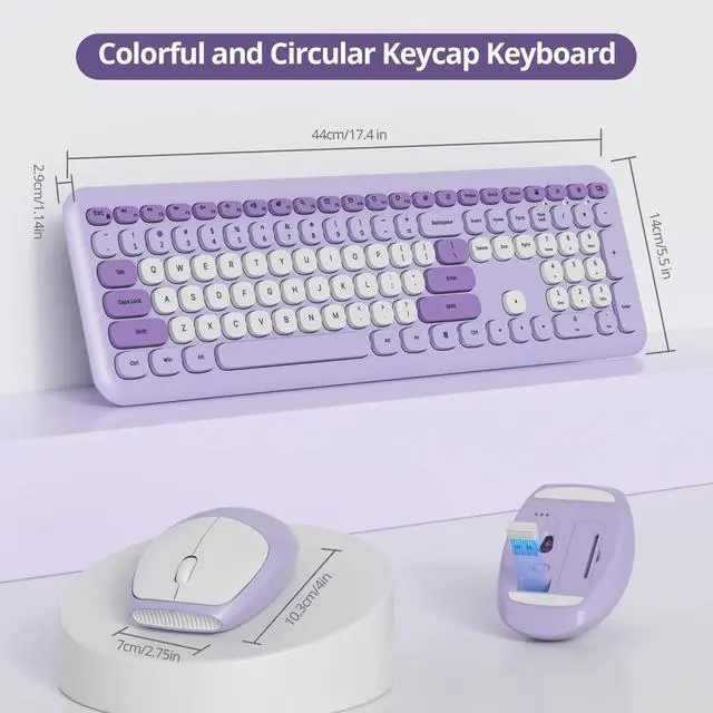 Alt view image 4 of 5 - SbocKeeb Wireless Typewriter Keyboard and Mouse Combo Retro 104 Key Full Size Office Set Purple with Silent Round Keycaps, Ideal for Laptop and Desktop PCs, Cute Design Keyboard (Purple White)