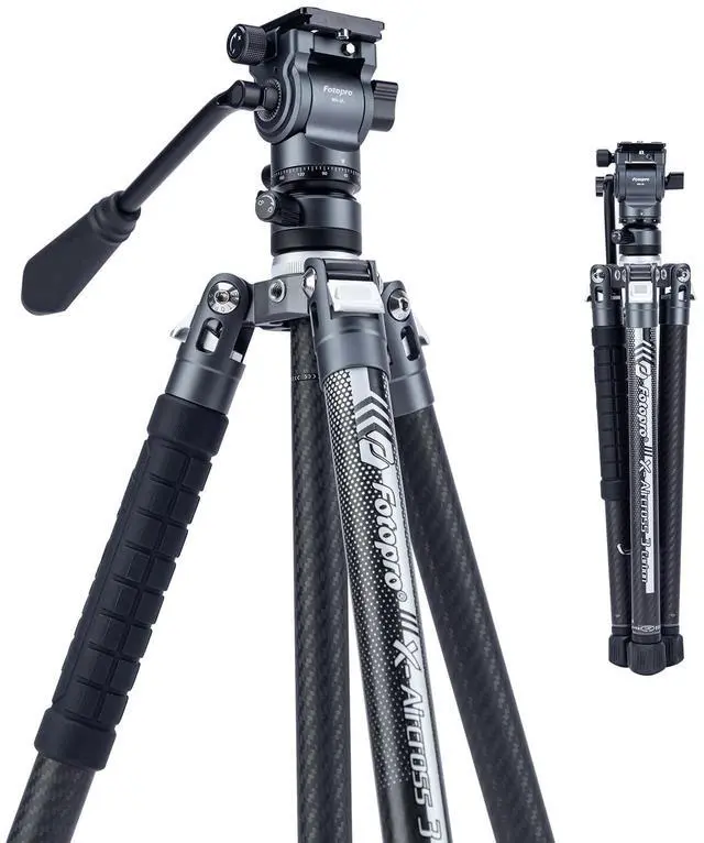 Main image of Fotopro 62" Video Camera Tripod with Fluid Head for Smooth Panning, Carbon Fiber Travel Tripod, Ultralight 2.4lbs, 11lbs Load, for Telephoto Wildlife Birding Camcorder, X-Aircross 3 Video